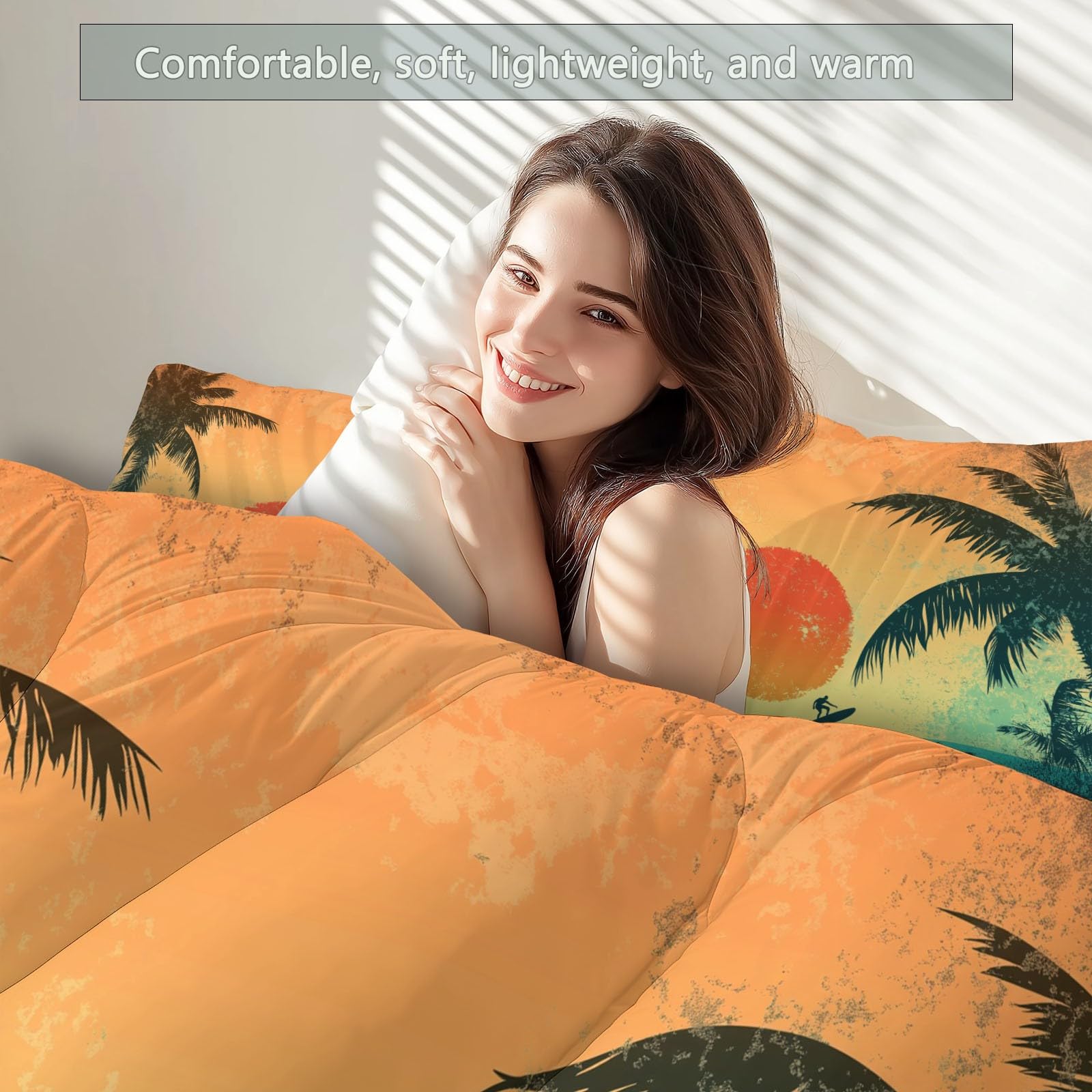 Retro Sunset Palm Tree Duvet z mikrofibry, kołdra na łóżko 2-osobowe 135x200 cm, wszystkie 4 pory roku i zima na łóżko, 2 poszewki na poduszki, kolor pomarańczowy