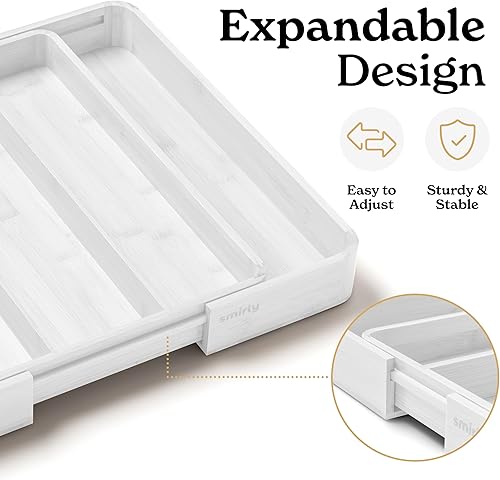 Miniatura 4 de SMIRLY Organizador de cajones de cubiertos de bambú, organizador de cajones de cocina expandible, organizador de utensilios de cocina para cajones