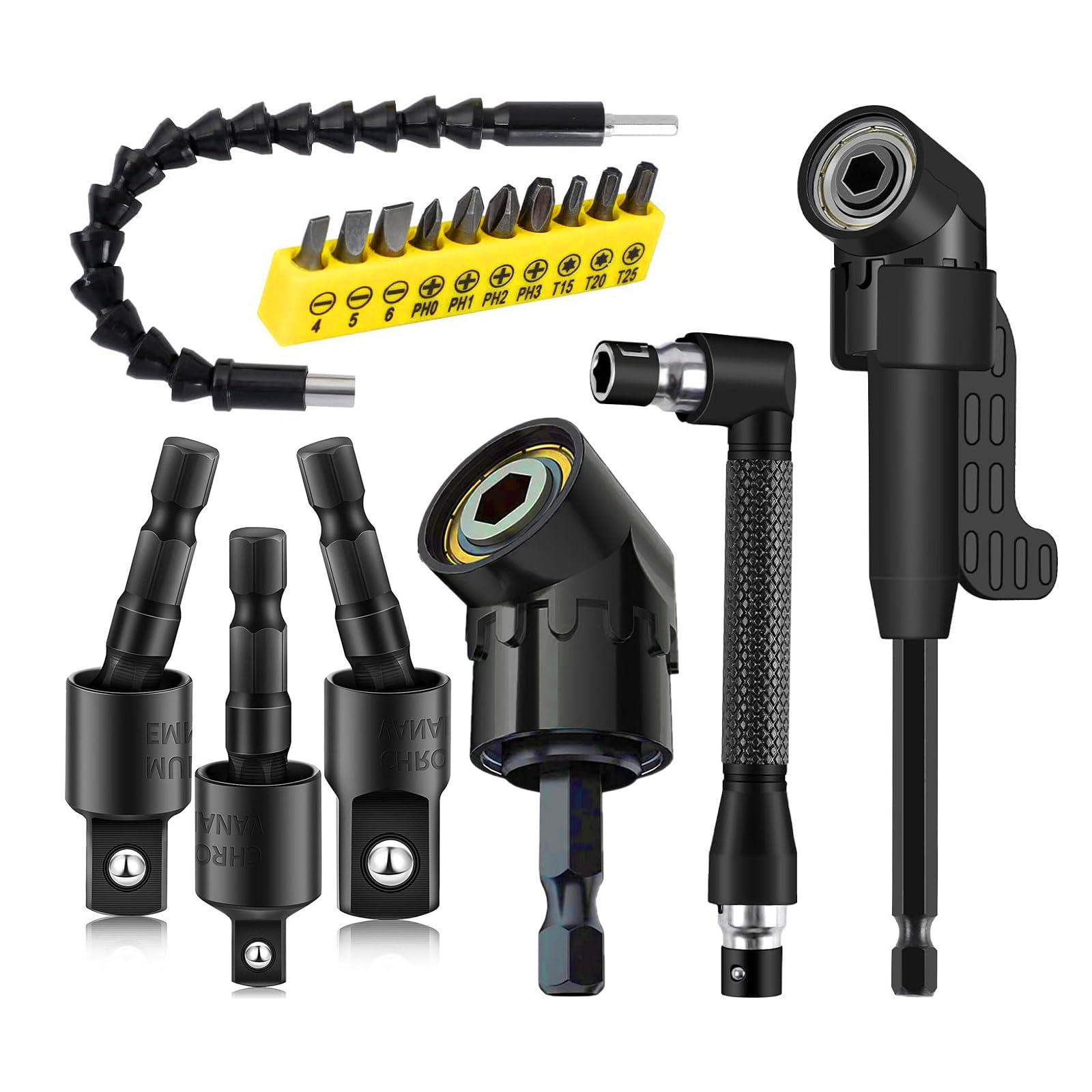 17pcs Flexible Drill Bit Extension, Include 3pcs Rotatable Socket Adapter 2pcs Hex Shank 105° Right Angle Drill Attachment 10 Short Screwdriver Bits Bendable Drill Bit Extension and 90° Angled Bits