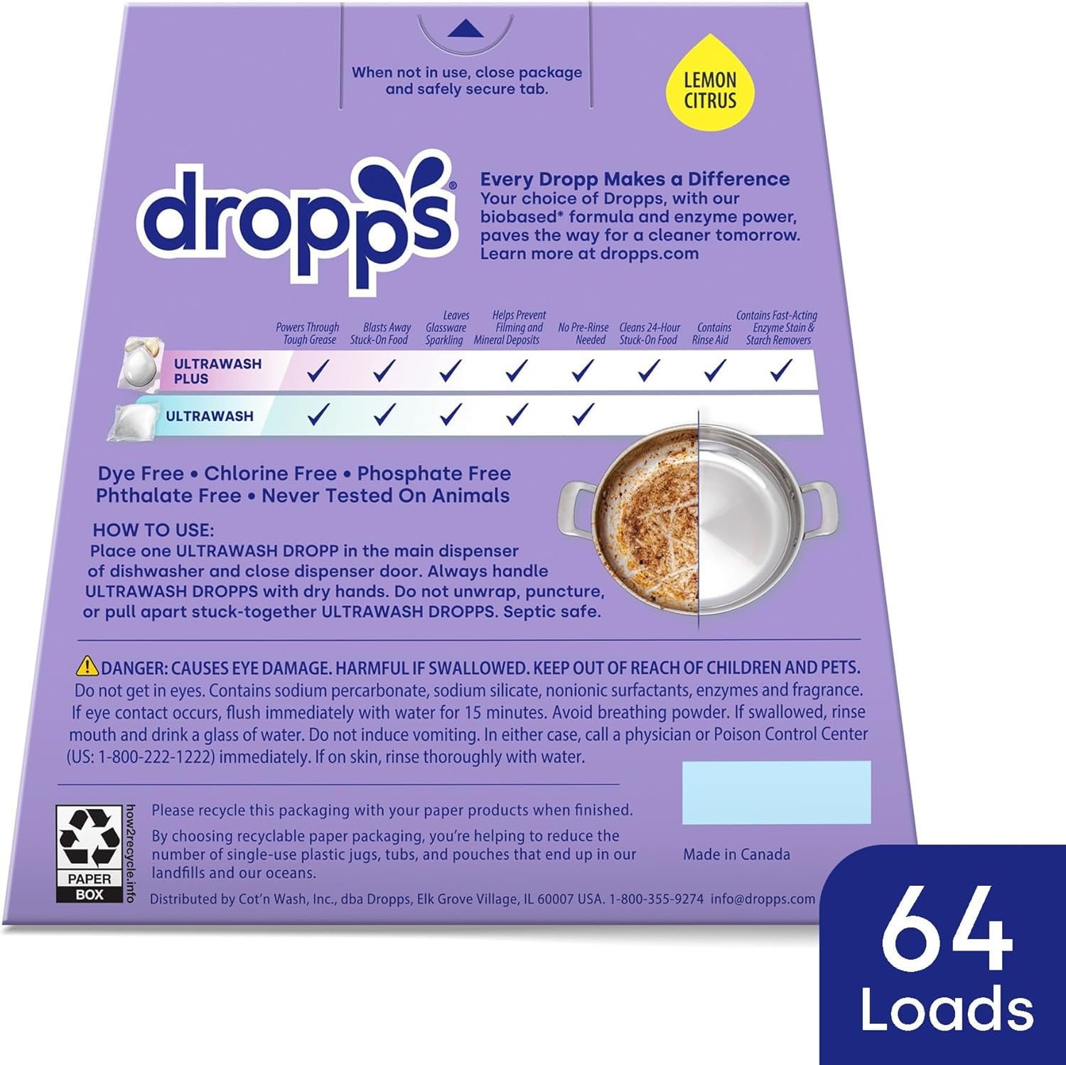 Dropps UltraWash Plus Dishwasher Detergent Pods, Lemon Citrus (64 Ct) - Triple Action Power | Built In Rinse Aid | Cuts Grease & Stuck-On Food | Sparkling Dishes | Residue-Free | Clean Ingredients