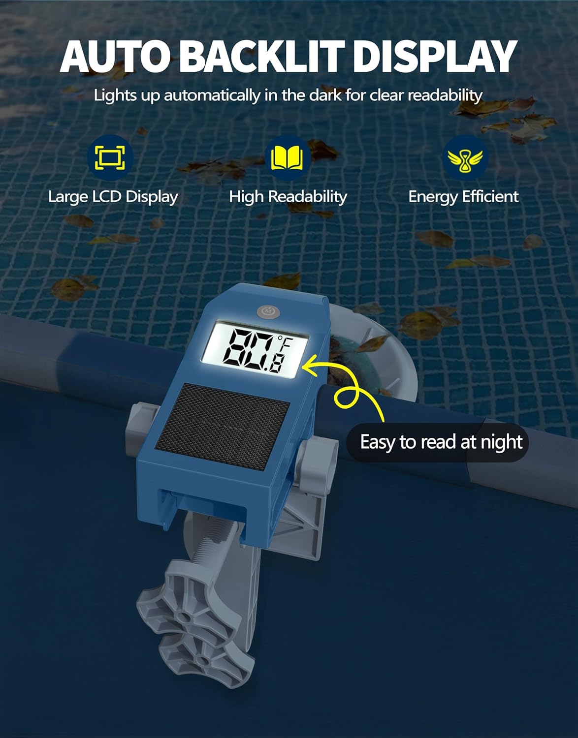 BluSwim Above Ground Pool Skimmer with Solar Digital Thermometer | Wall Mount Surface Skimmer - Auto Skimming Pool Floating Debris | 2 Upgraded Bracket - Stable&Height Adjustable-Steel Blue