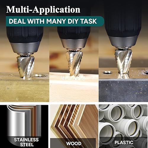 Miniatura 5 de Juego de 4 brocas en espiral, 3 brocas Unibit de acero de alta velocidad de 18 a 78 pulgadas con vástago hexagonal de 14 pulgadas para metal, acero