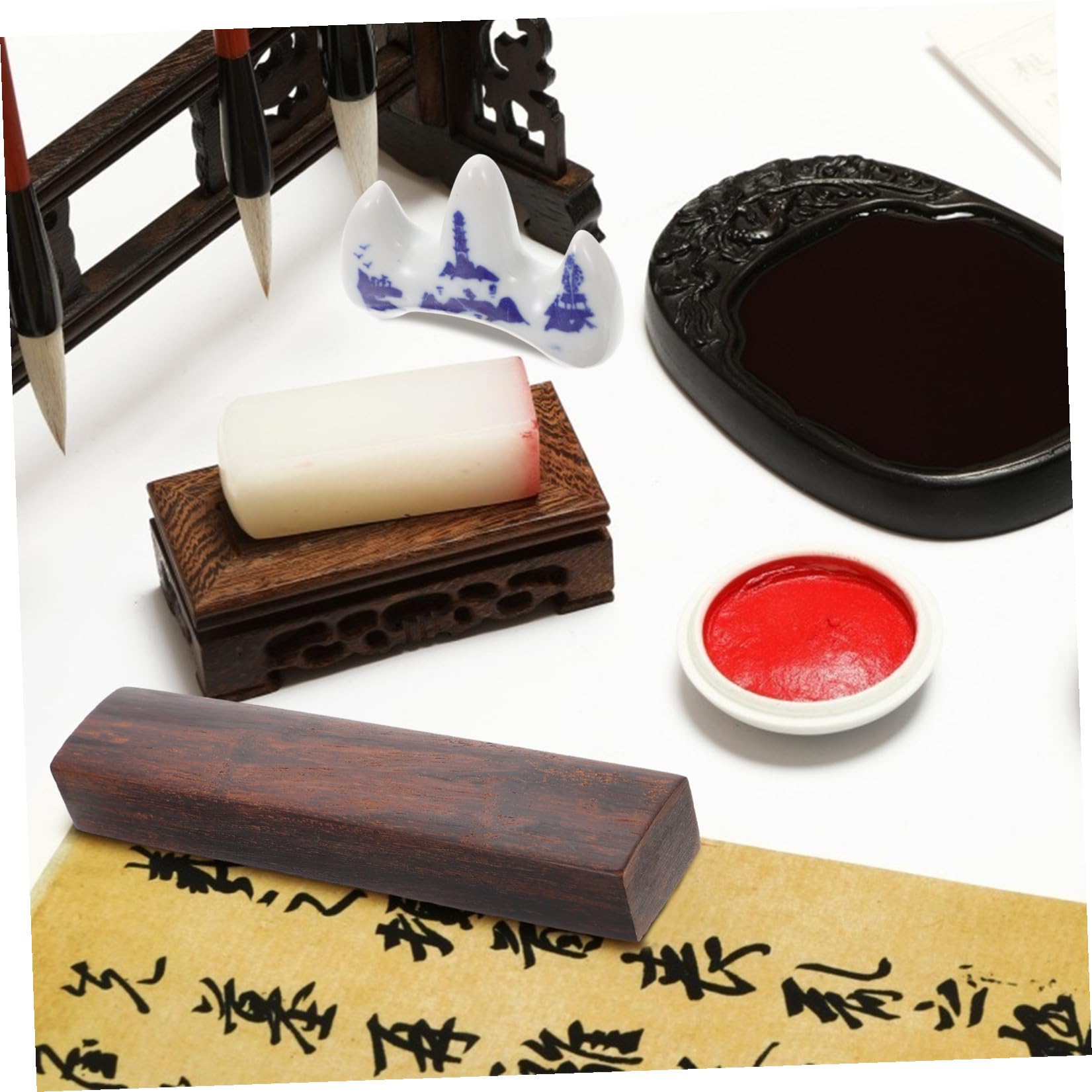 SOLUSTRE Chinesisches Kalligraphie Satz für Anfänger mit Vier Schätzen Des Studiums Holz und Wolfshaarpinsel Tuschepapier und Reibstein für Kalligraphie und Malerei