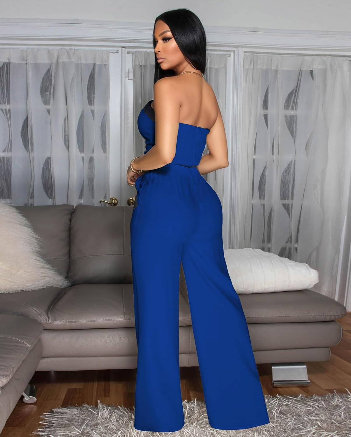 2 Piece Outfits for Women Sexy High Waist Jumpsuit Off Shoulder Tube Tops Bodycon Wide Leg Sets - Image 2