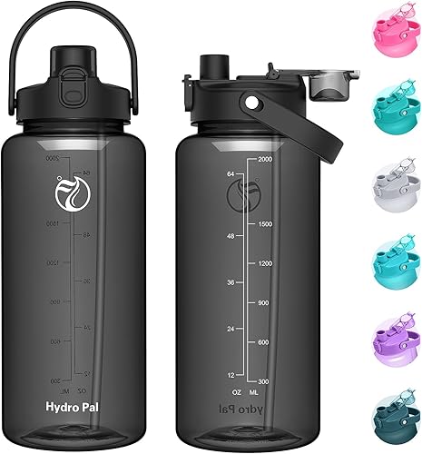 Botellas de agua de medio galón con tiempos para beber, botella de agua de 74 onzas con popote 2, innovadora botella deportiva con tapa 2 en 1, sin