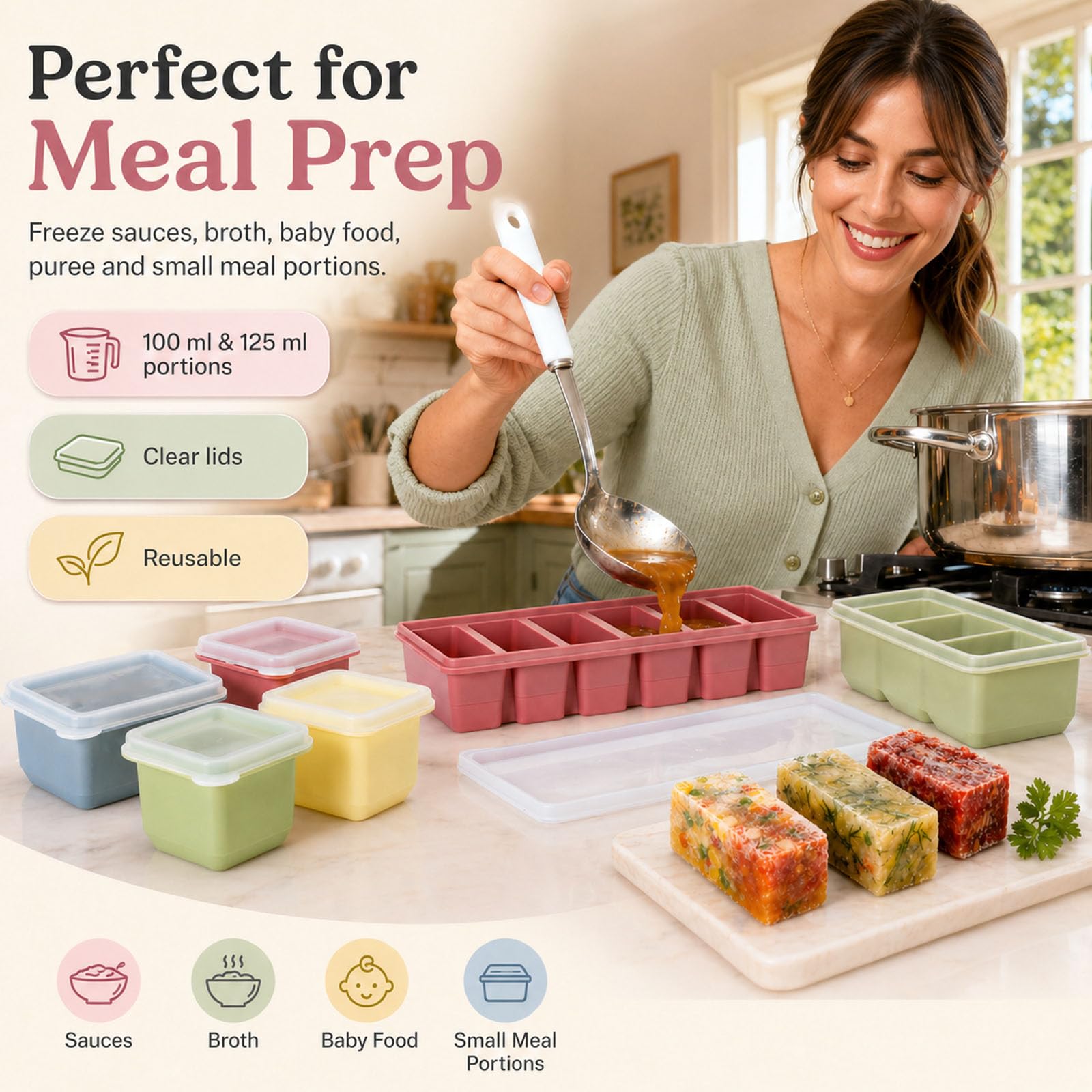 6 Pezzi Stampo Cubetti Riutilizzabili in Silicone Coperchio Set 4×125 ml Porzioni Singole, 3×125 ml Multiforma & 6×100 ml Contenitori Congelamento, Senza BPA per Alimenti Liquidi Zuppe