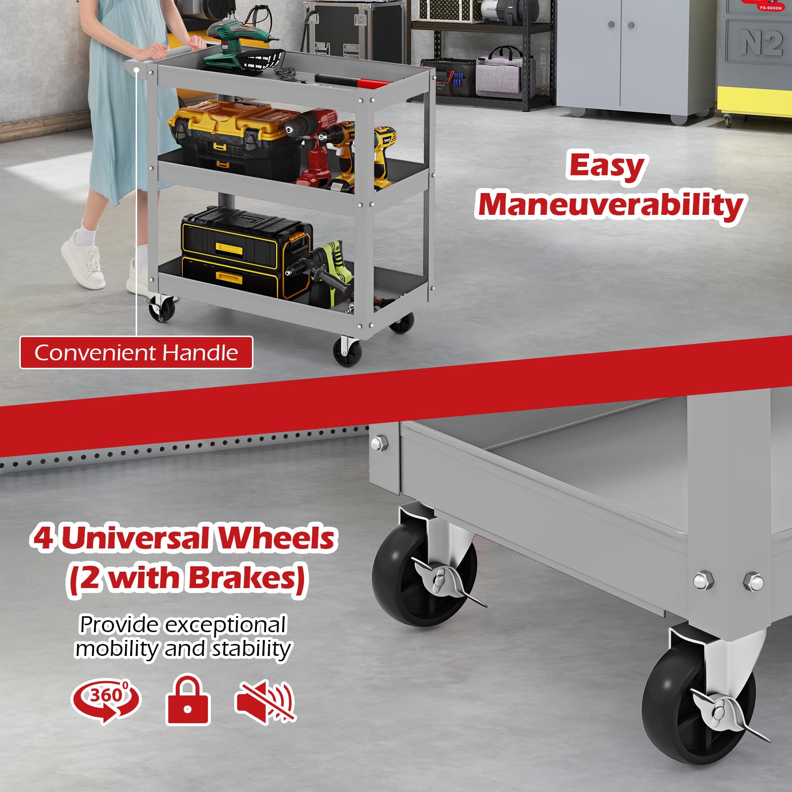 Carrito utilitario de 3 niveles con ruedas bloqueables y asa, perfecto para talleres de bricolaje, garajes y restaurantes. Solución versátil de almacenamiento de herramientas