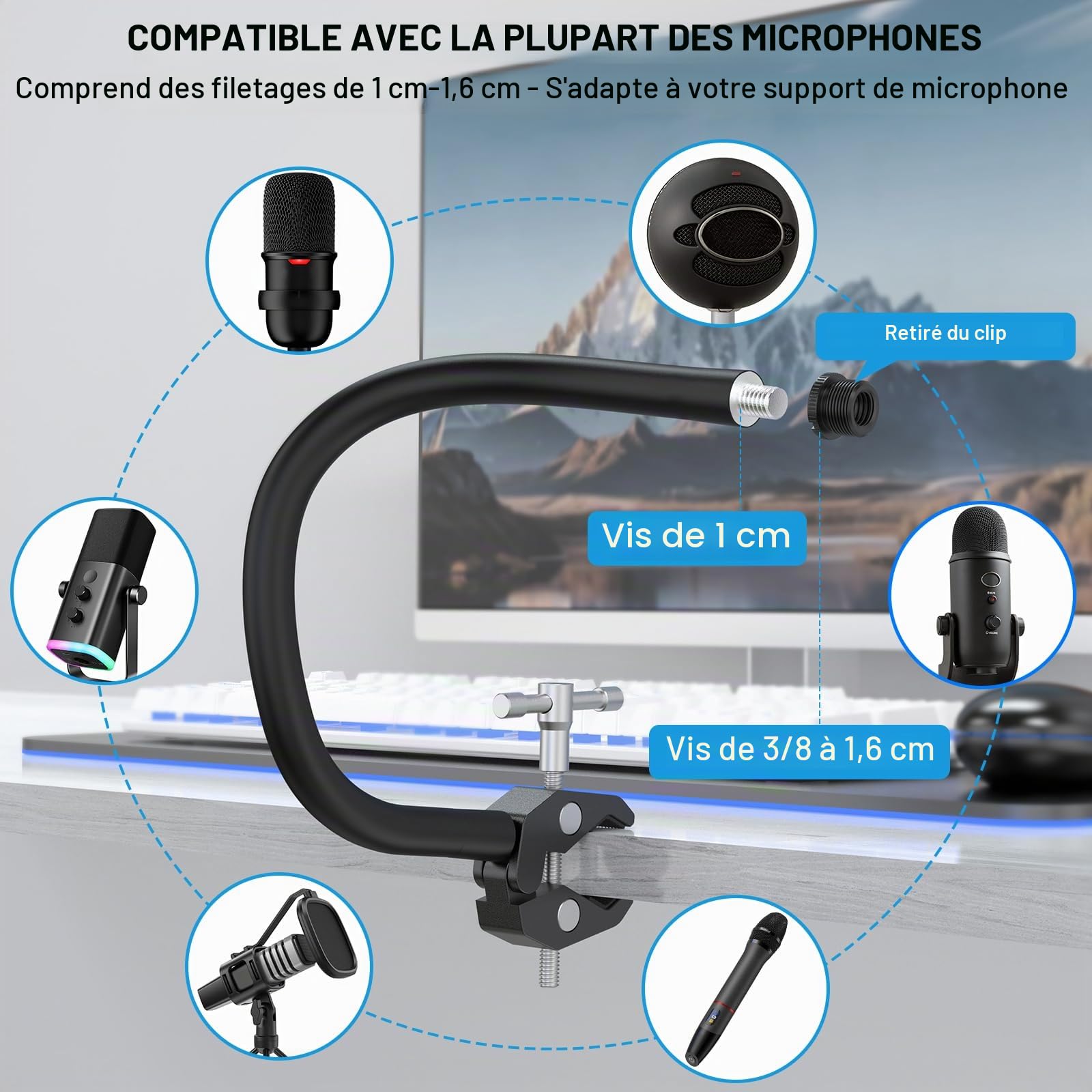 ZealSound Bras de Microphone, Support de Micro Flexible de 48 cm avec Adaptateur 3/8" à 5/8",Bras de Bureau Réglable et Compact Compatible avec Blue Snowball,Razer Seiren, Shure SM58, SoloCast et Plus