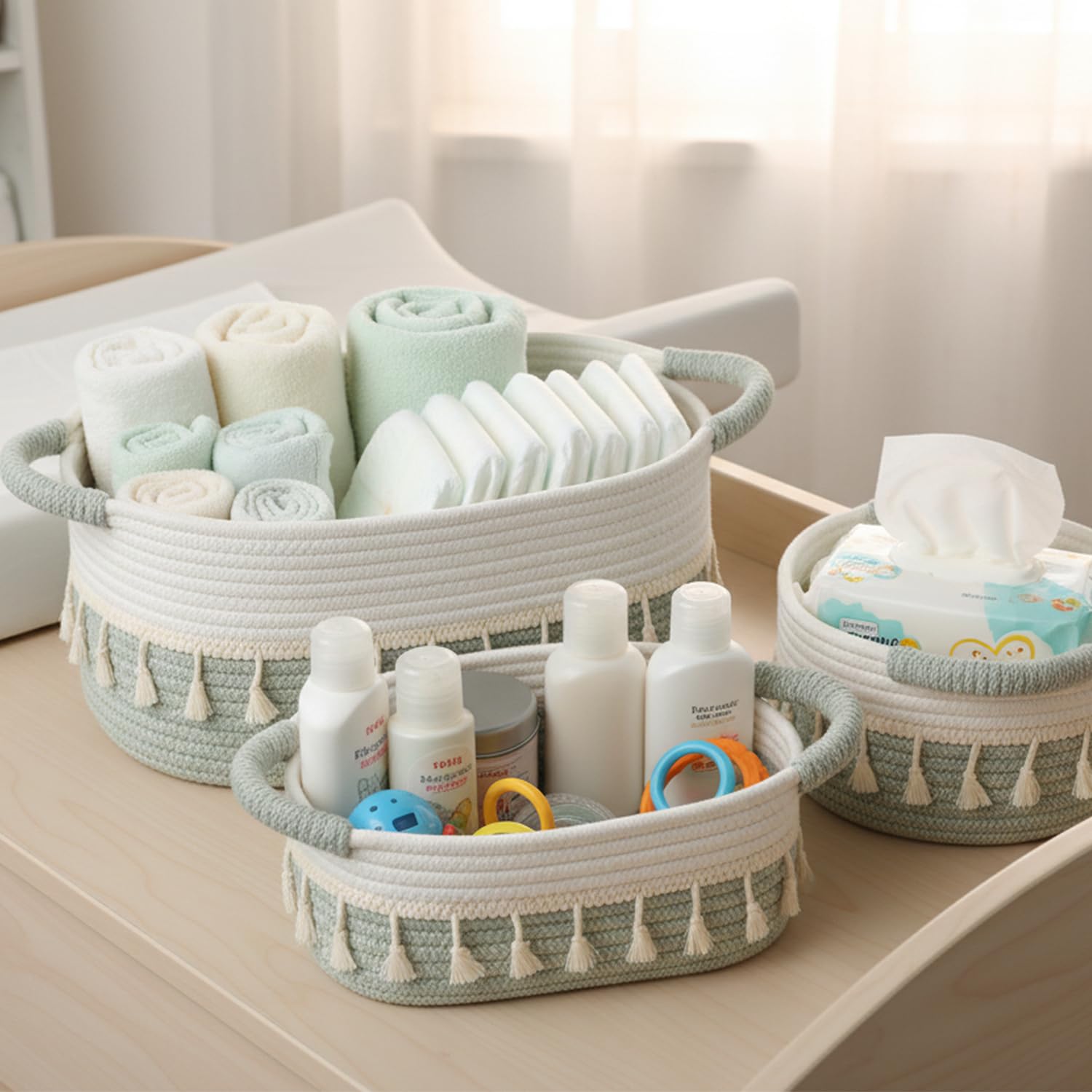 danpinera Set di 3 Cestini Portaoggetti, Cestino Portaoggetti Intrecciato in Corda, Impilabile Organizer Fasciatoio, Cesto Portaoggetti Ceste Portaoggetti per Bagno Cestino Boemo, Bianco e Verde