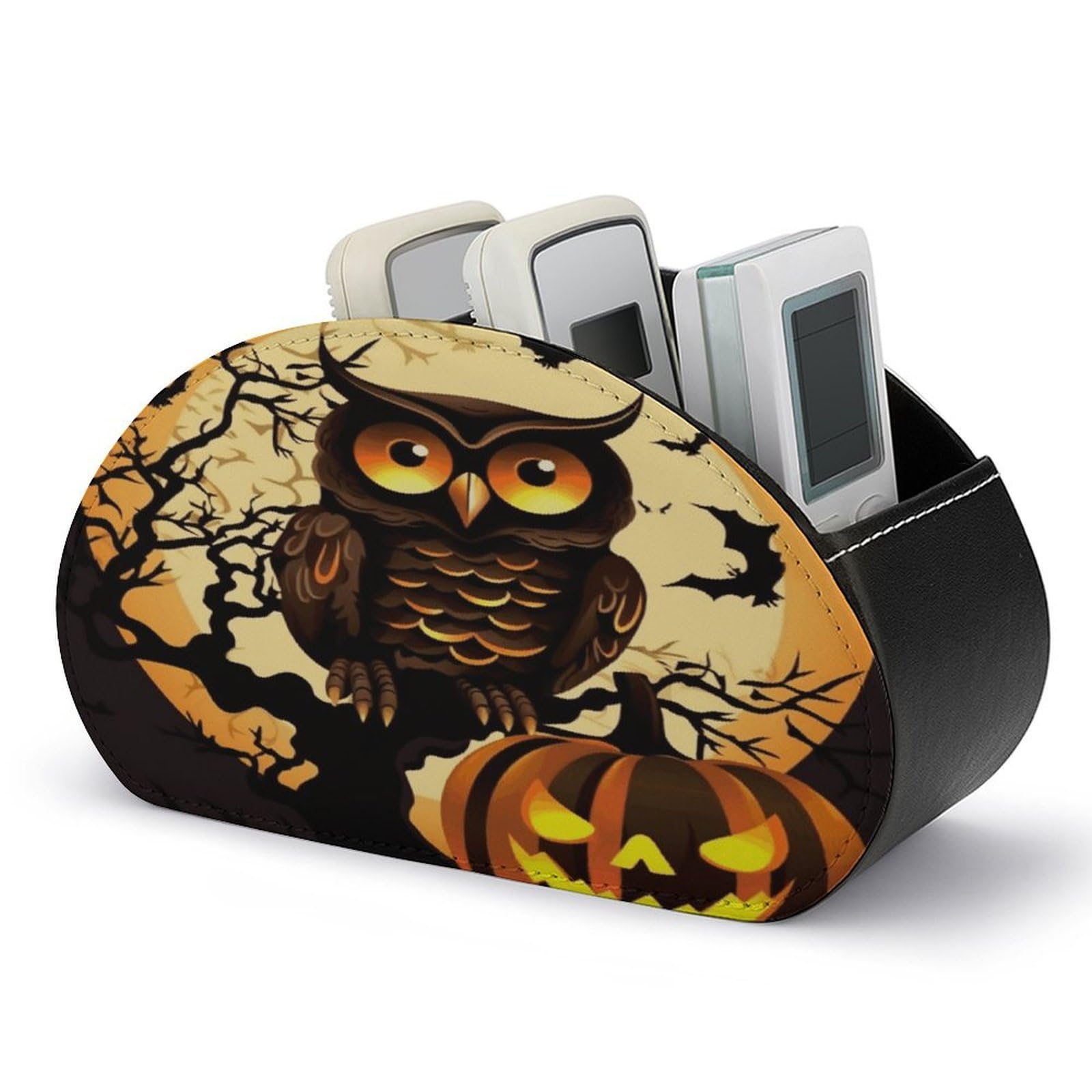 VstaDank Black Tree Owl Pumpkin Head Remote Control Holder with 5 Compartments PU Leather TV Remoter Caddy Desktop Organizer TV Remote Holder Remote Box for Media Controllers Office Supplies