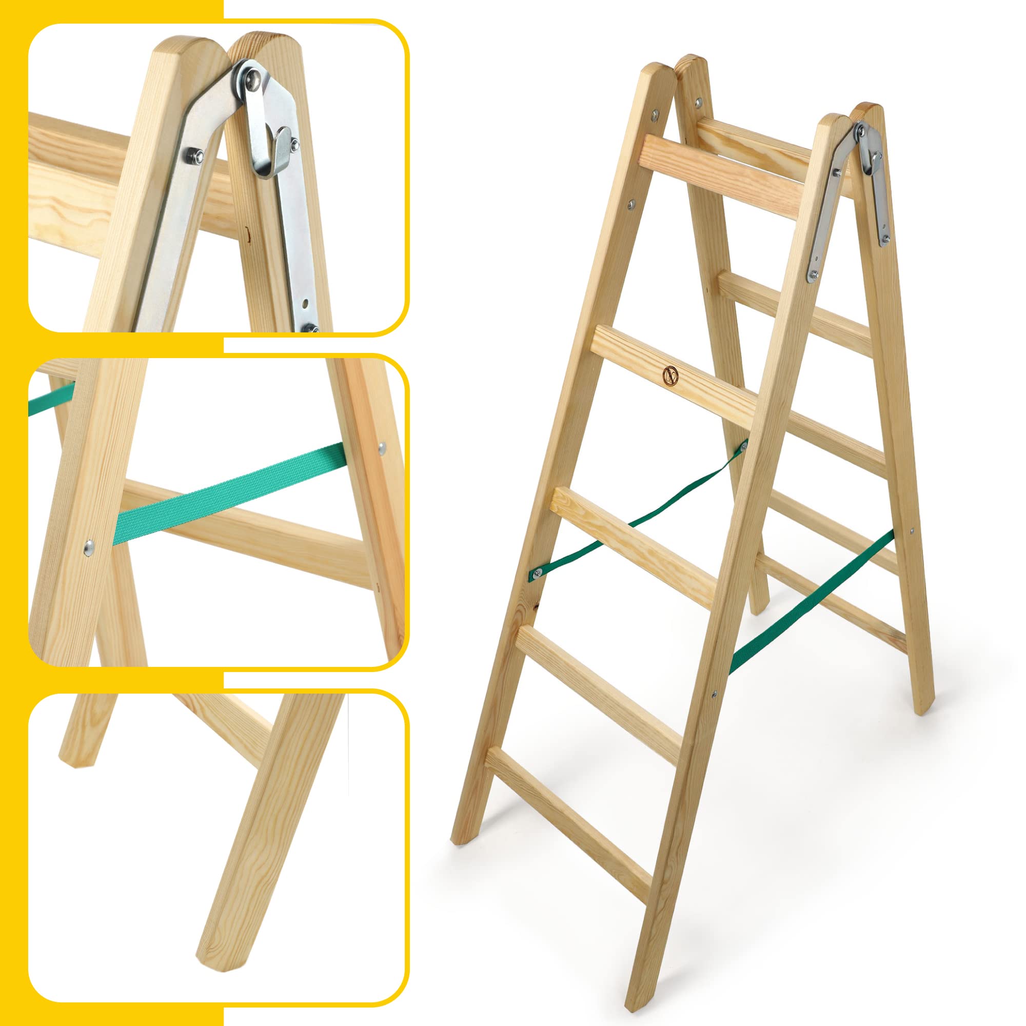 KADAX Escalera de Madera de Pino Imreganda con 5 Peldaños, Diseño Plegable y Soporte de hasta 150 kg, Ideal para Uso en Interiores y Exteriores
