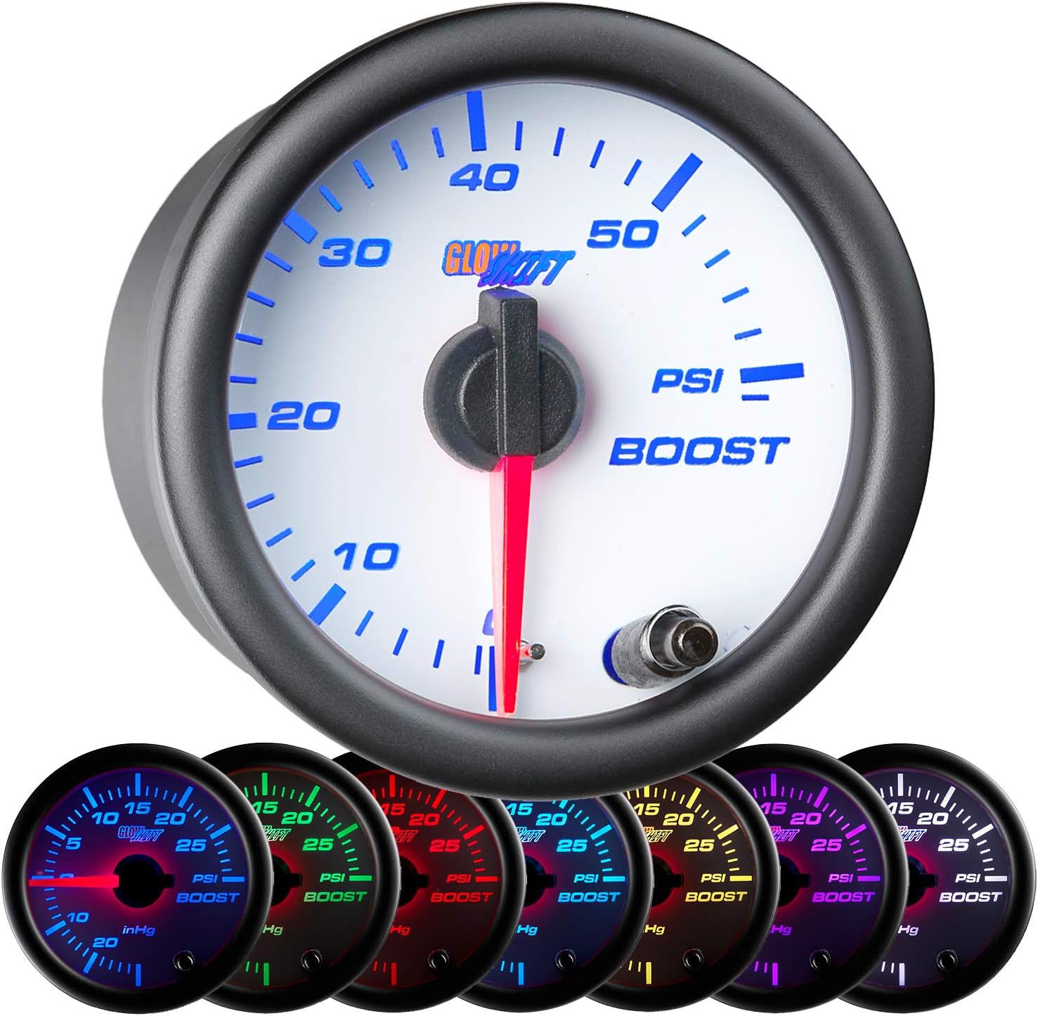 GlowShiftWhite 7 Color 60 PSI Turbo Boost Gauge Kit - Includes Mechanical Hose & Fittings - White Dial - Clear Lens - for Diesel Trucks - 2-1/16" 52mm