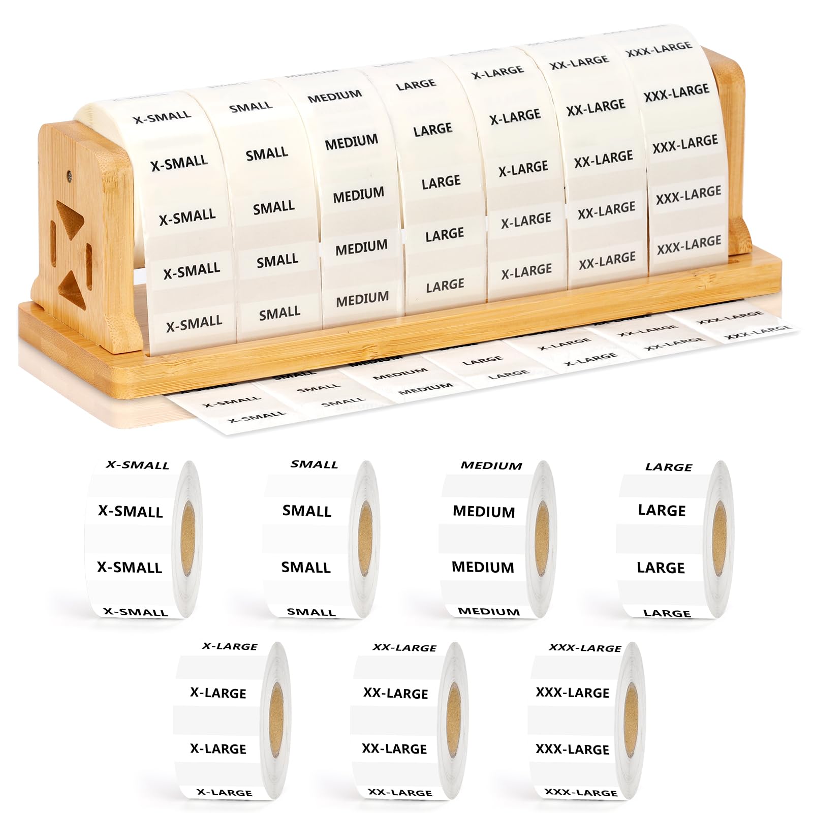1050Pcs Clothing Size Label Dispenser with Clear Clothing Size Strip Labels 11.3*3.3*3.5inch Wooden Label Dispenser Label Stand Holder Sticker Roll