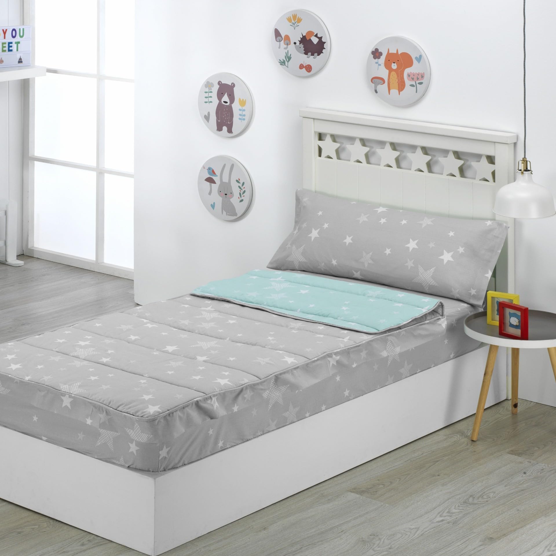 Sibiles - Saco Nórdico con Cremallera Edredón Ajustable Cama Infantil Estrellas Stars - Gris, Cama 105