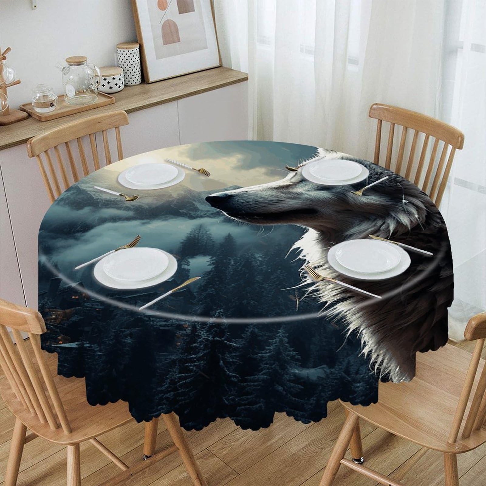 VstaDank Wolf at Night Round Tablecloth Premium Polyester Table Cloth Heavy Duty Washable Fabric Tablecloth Waterproof Holiday Table Cover Decorative Tablecloths for Dining 60"