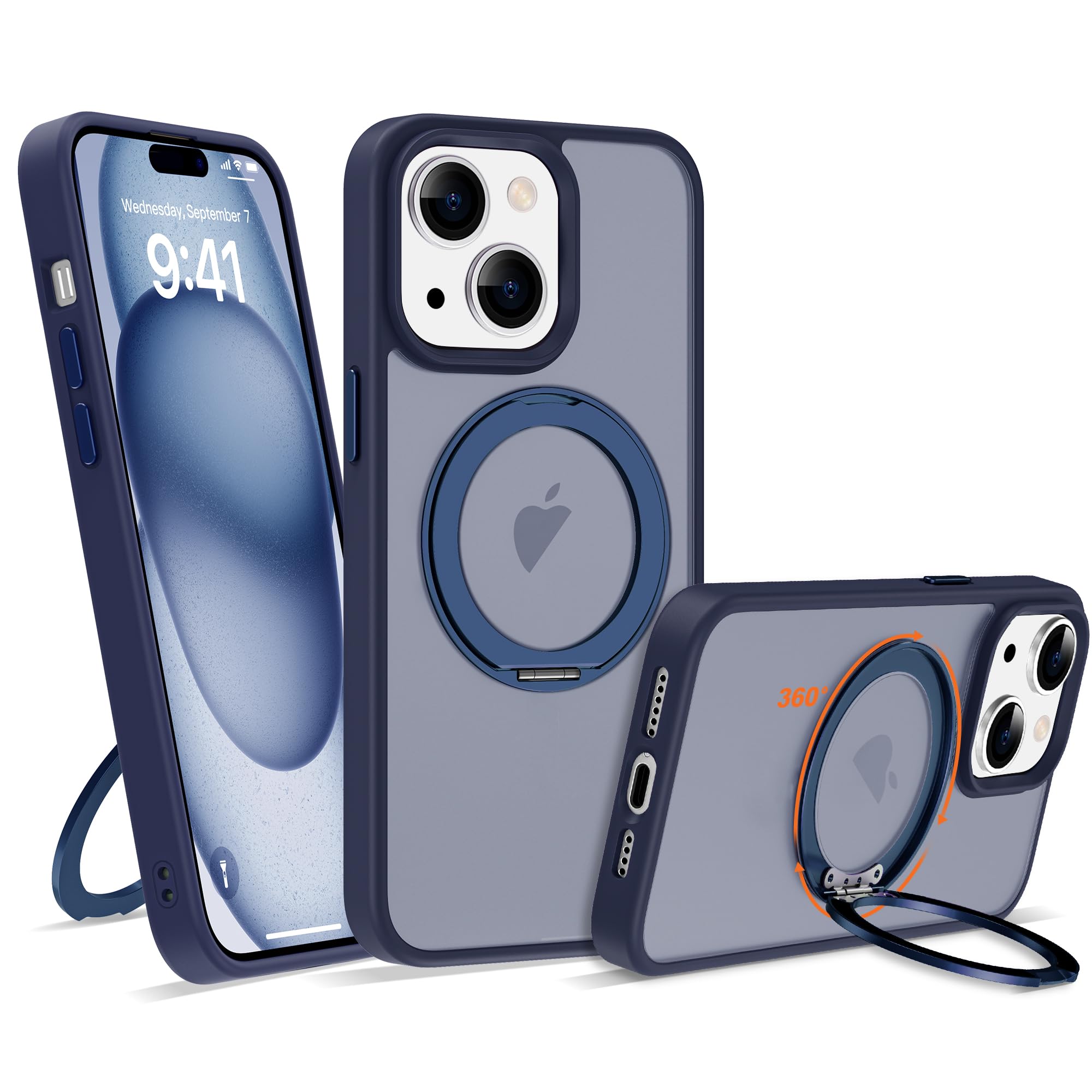 UGENINO Compatible with iPhone 15 Plus Case with 360° Rotatable Magnetic Ring Stand [Compatible with Mag-Safe] Translucent Shockproof Protective Phone