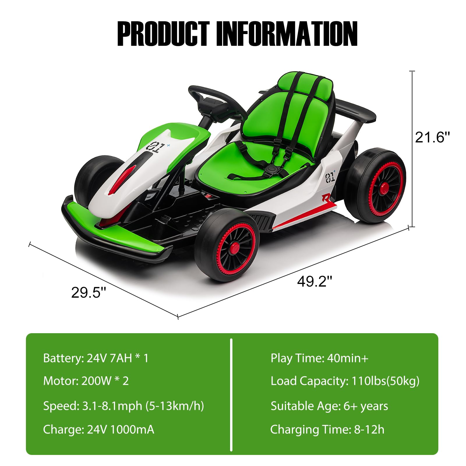 24V Electric Go Kart for Kids, Drift Cart with 2x200W Powerful Motors, 7AH Battery, Max 8MPH Drift Kart, Safety Belt, Slow Start, Music, High-Speed Crazy Cart Ride on for Kids Ages 6-12 - Green - 4
