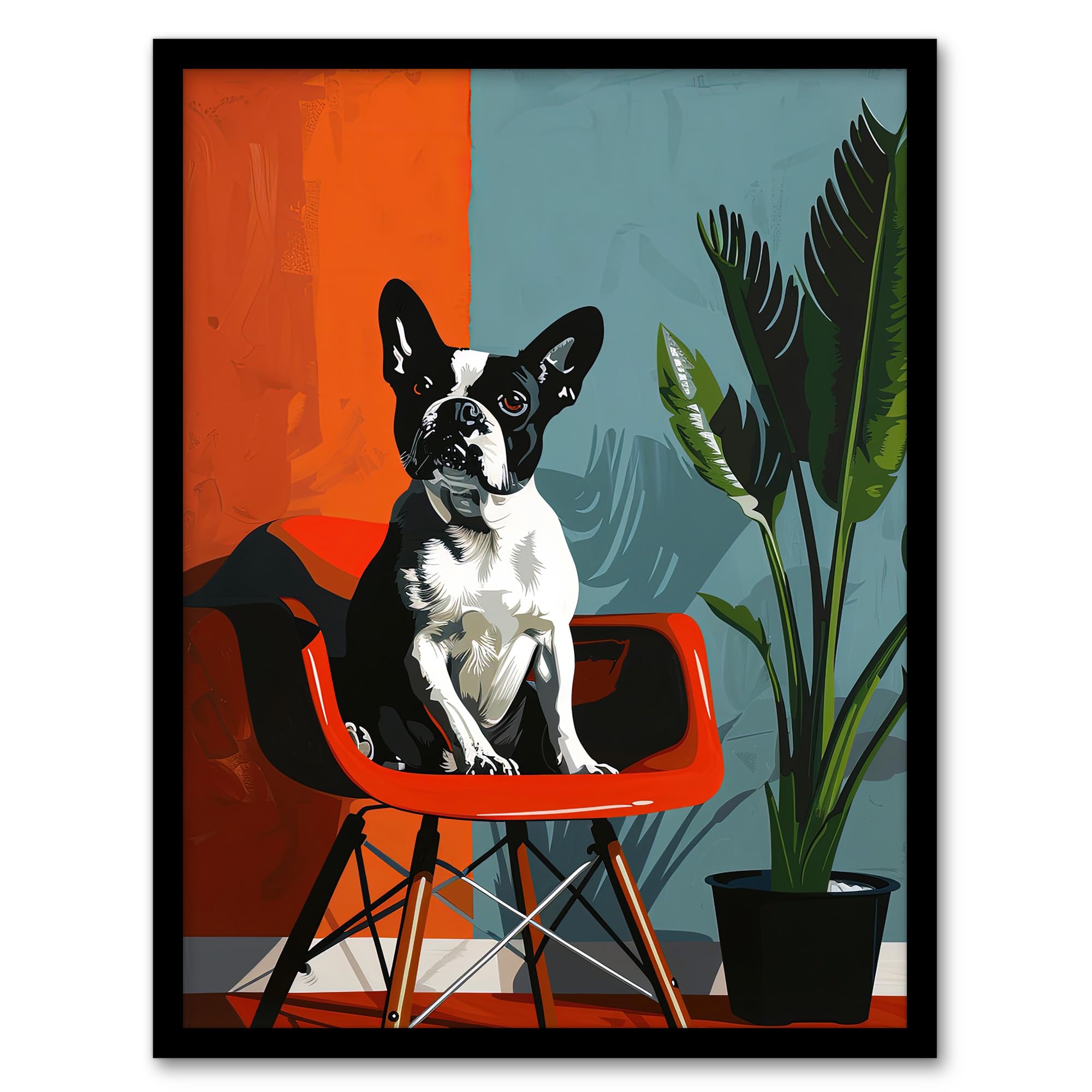 Artery8 French Bulldog Chair and Potted Plant Portrait For Living Room Artwork Framed Wall Art Print 18X24 Inch