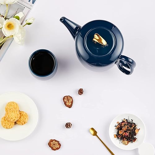 Miniatura 5 de ZENS Tetera con infusor, mango entrelazado de porcelana azul marino, 3 tazas, tetera suelta de 33.8 onzas, tetera de lujo con ribete dorado, regalo
