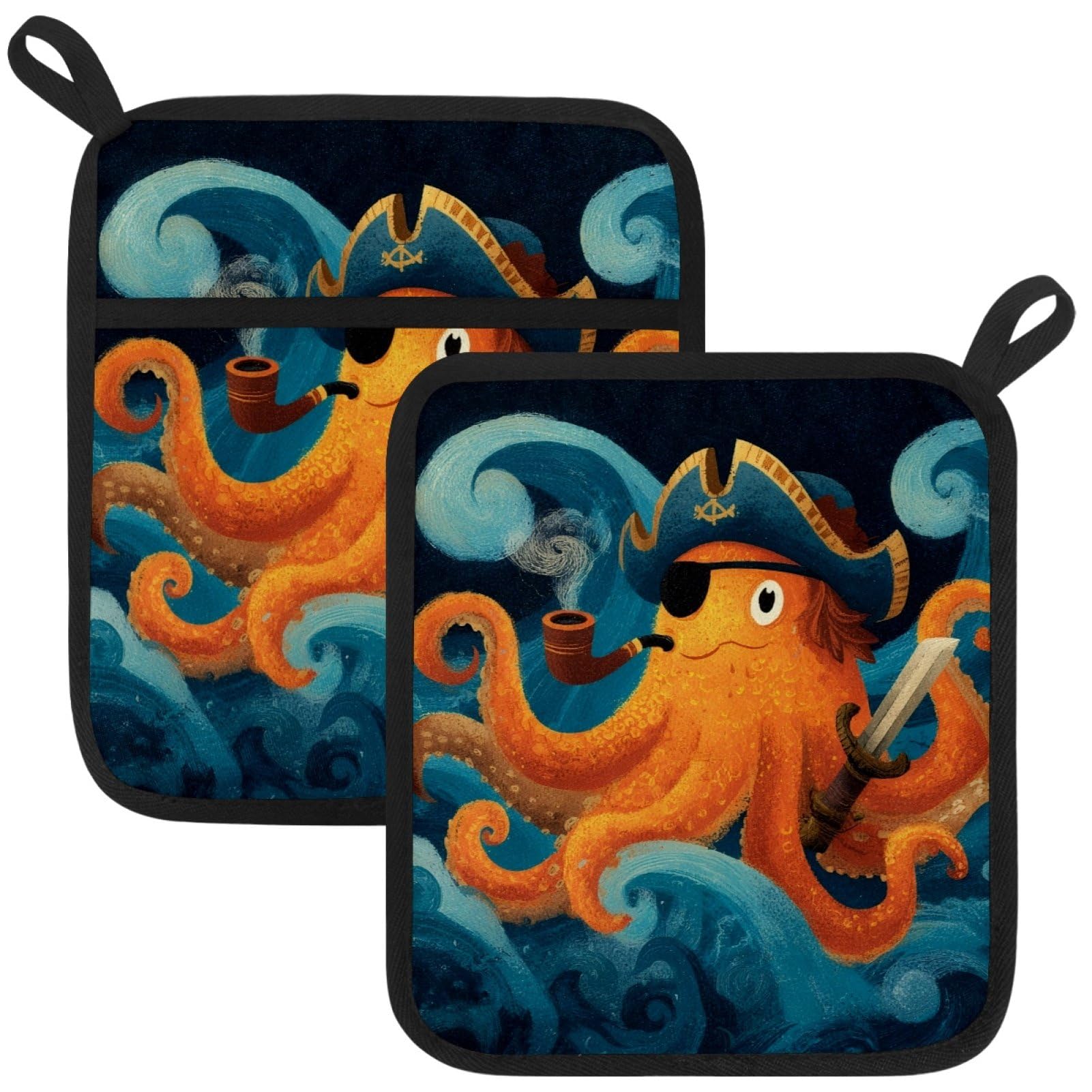 VAPOKF Funny Pirate Octopus Pot Holders with Pocket for Kitchen Heat Resistant Potholders Large Polyester-Cotton Square Oven Mitts Set