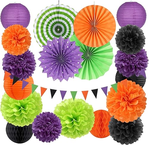 Decoraciones de fiesta de Halloween, color negro, morado, naranja, verde, 20 linternas de papel, pompones de tejido, bolas de panal, hotel
