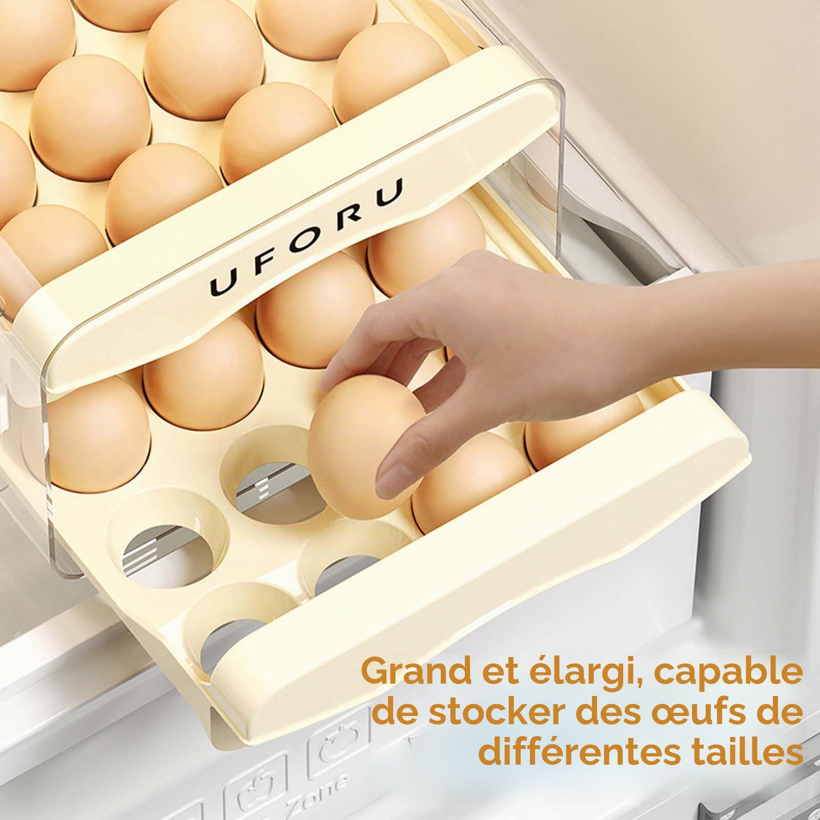 Plateau à Œufs pour Réfrigérateur, 32 Grilles/2 Couches Porte-œufs pour Réfrigérateur, Tiroir à Œufs pour Frigo, Boîte de Rangement pour Œufs Frais,Transparent, Crème