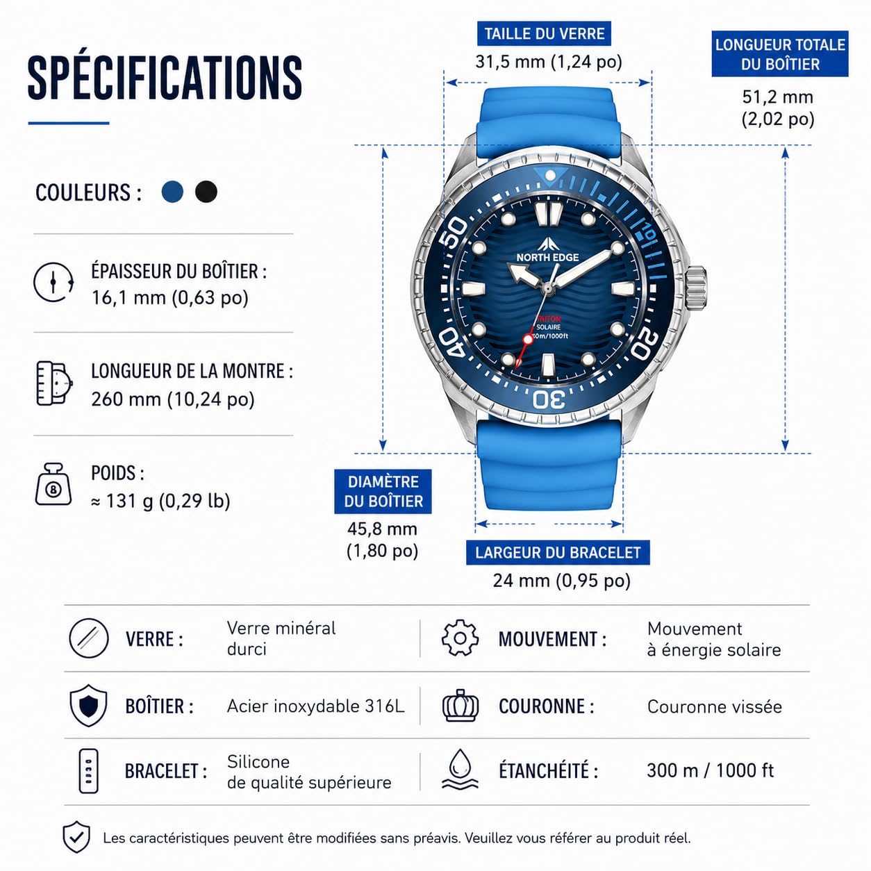NORTH EDGE Montre de plongée à énergie solaire pour homme et femme - Étanche jusqu'à 300 m - Cadran lumineux - Bracelet en silicone