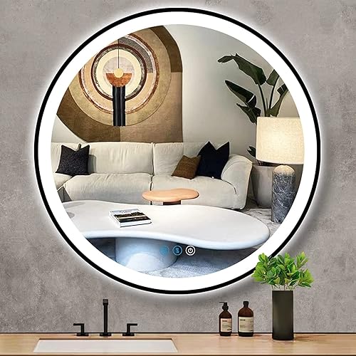 DIDIDADA Espejo de baño LED redondo con marco negro de 32 pulgadas con luces de 32 pulgadas espejo de tocador con luz circular negra para pared de