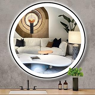 DIDIDADA 32 Inch Black Frame Round LED Bathroom Mirror with Lights 32 Inch Black Circle Lighted Vanity Mirrors for Bathroom Wall Anti Fog 3 Color Dimmable Makeup Bathroom Smart Round Vanity Mirrors