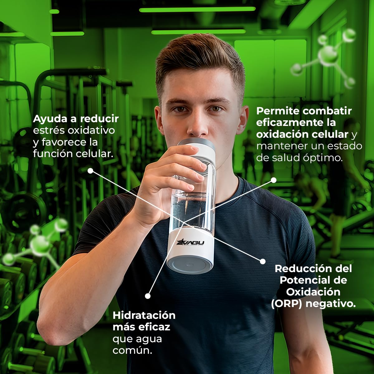 Botella de Agua Hidrogenada – 1400 PPB de Hidrógeno Molecular – Tecnología SPE/PEM de Alta Pureza – Incluye Funda Protectora - Auto limpieza Membrana - 400 ml (Molecular Sport)