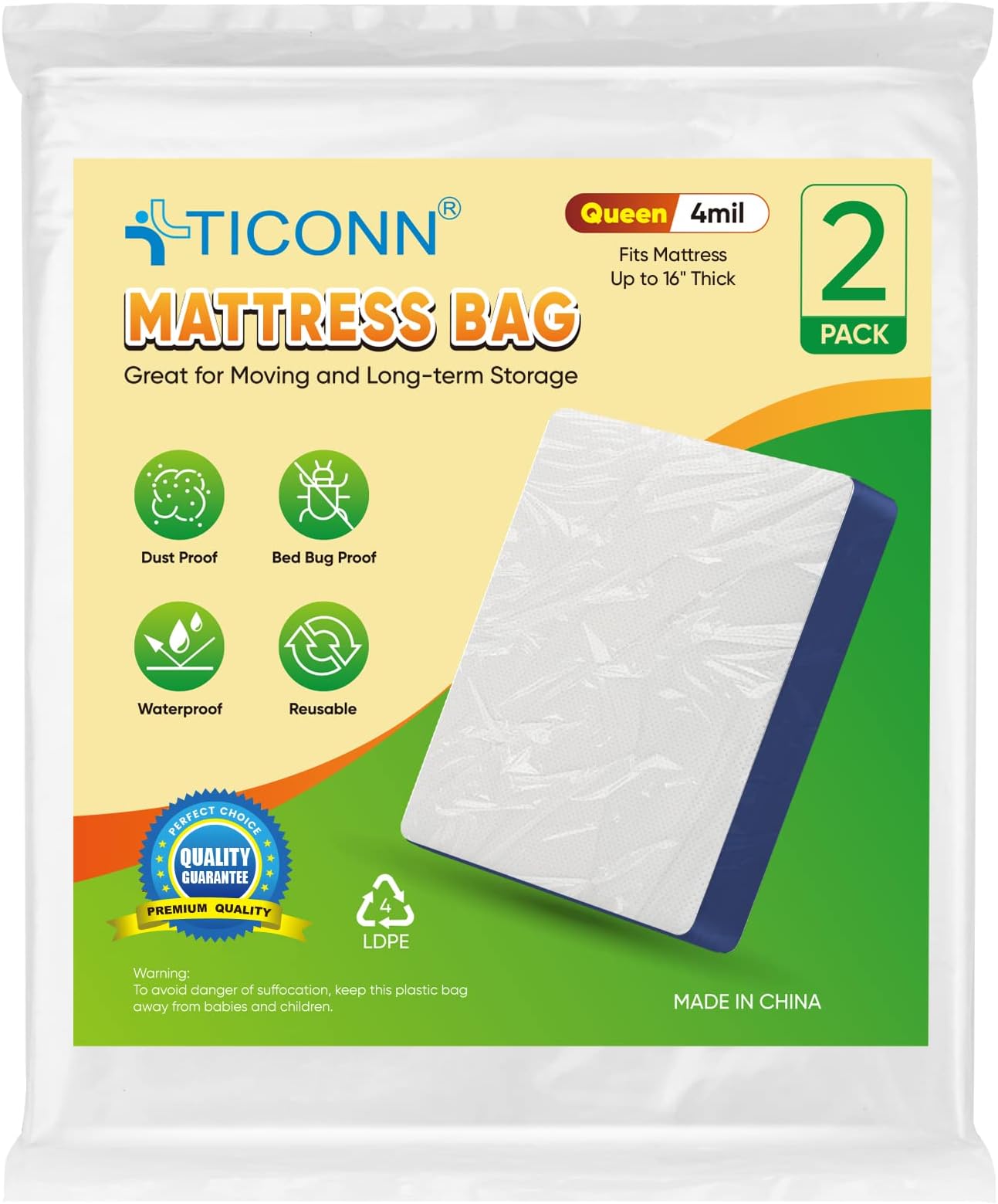 TICONN 2PK Mattress Bag for Moving Storage (Queen