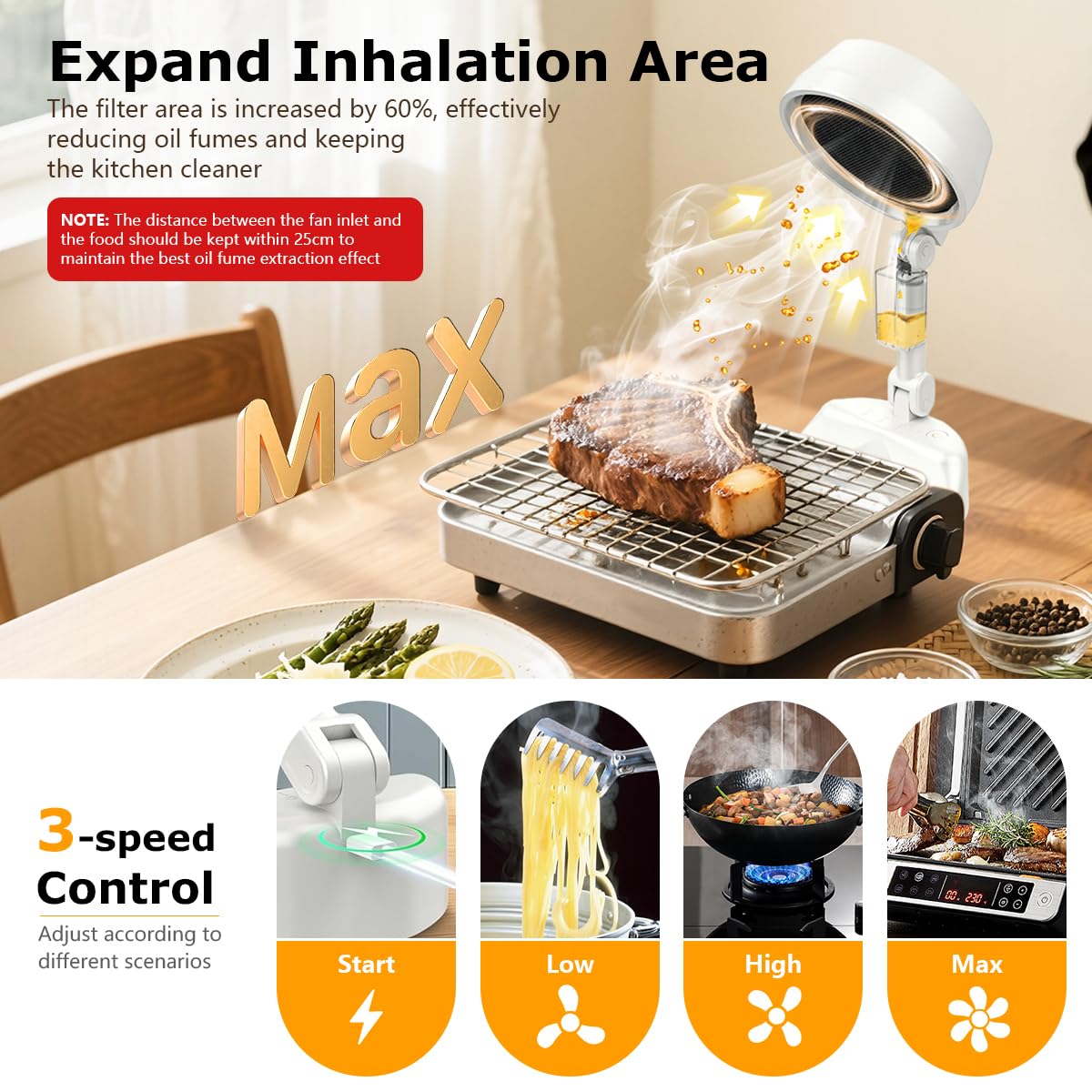 Supvox® Desk Range Hood High Power Smoke Extractor Fan with 3 Adjustable Speeds, Rechargeable 4000mAh Battery Version, Oil Stain Collection Box, Effective Smoke Removal for Home Cooking and Indoor 3