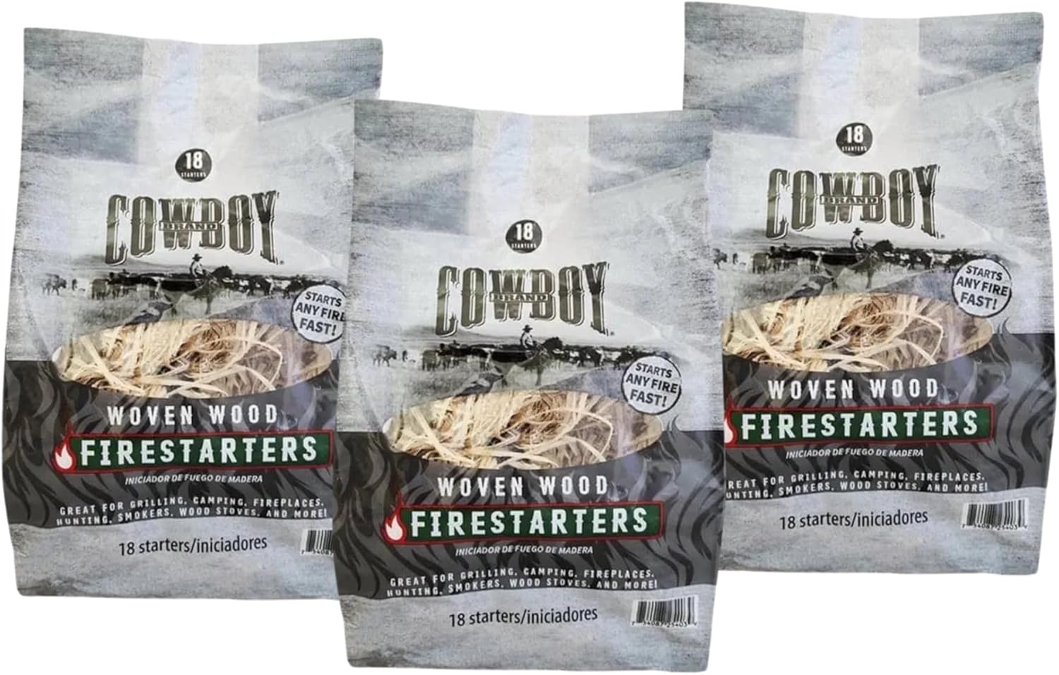 Cowboy® Woven Wood Firestarters, Fast Lighting Clean Burning Fire Starter for Grills, Fireplaces, Fire Pits, Campfires & Smokers, Natural Wood with Minimal Paraffin Wax, 18 Count (3 Pack)
