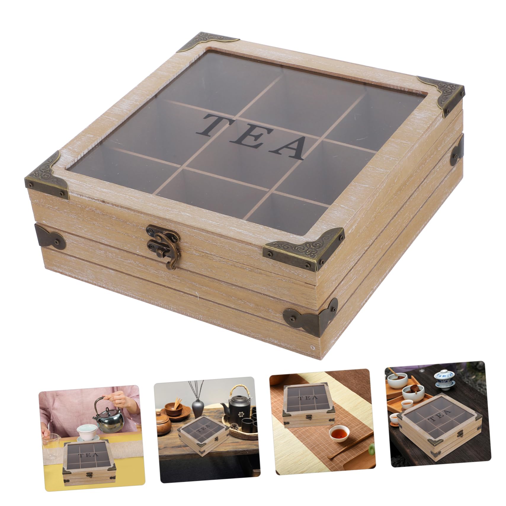 Caja Organizadora de Bolsitas de Té de Madera con Tapa de Vidrio 1pieza