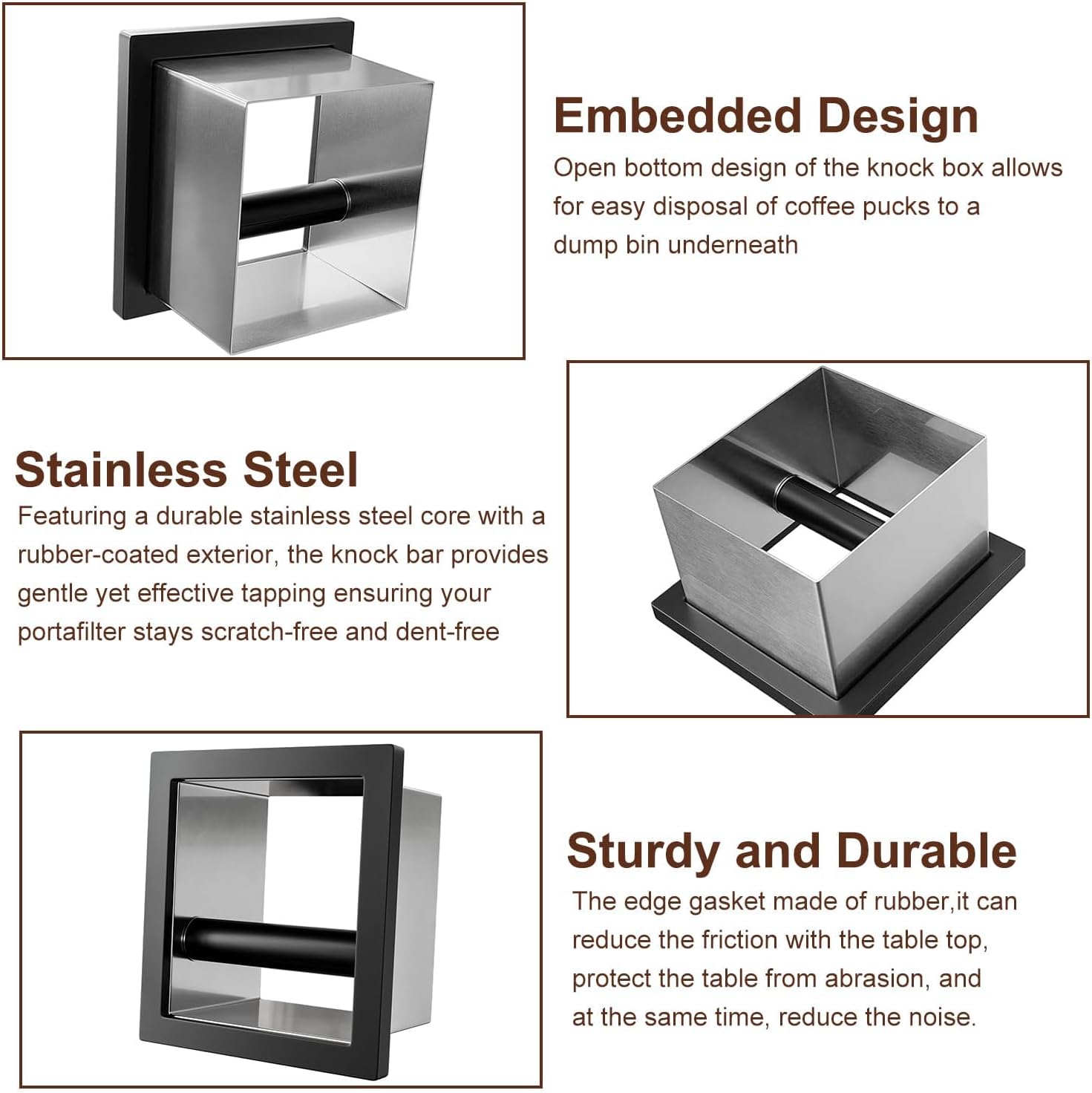 Bottomless Knock Box Espresso, Embedded Coffee Knock Box, Stainless Steel Countertop Espresso Grounds Container for Commercial Cafes Restaurants Home (5.44 x 5.91”)
