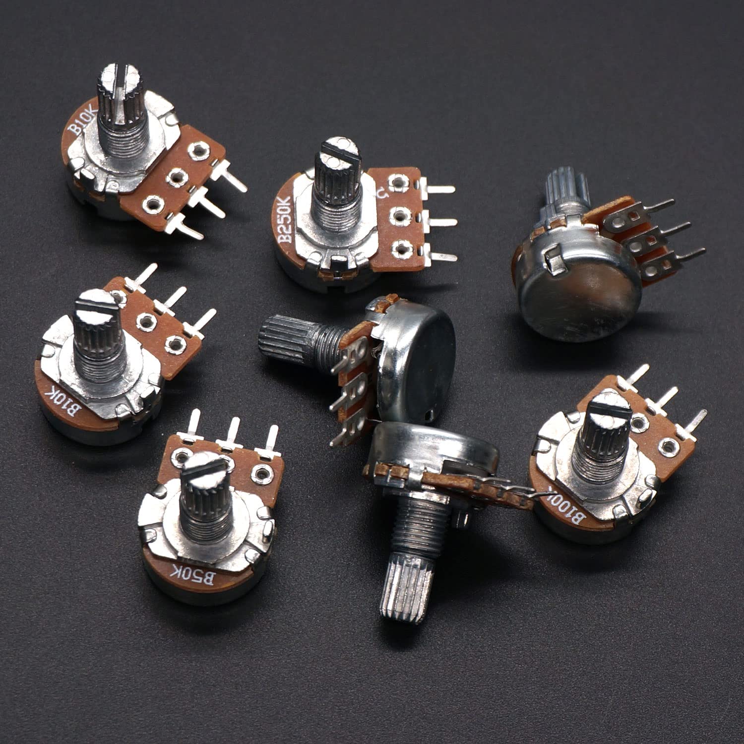 Taiss 100pcs potentiomètre Kit b1k b5k 10K 20k 50k 100k 250k 500k 1m ohm dreh type B potentiomètre linéaire avec écrou, rondelle et 3 couleurs différentes boutons en alliage d'aluminium F048