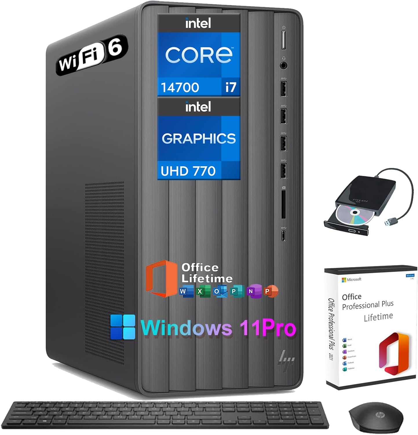 HP Envy Premium Tower Desktop – Intel i7 14700(Beat Intel i9-12900), 64GB RAM, 1TB SSD, 2TB HDD, Intel UHD Graphics 770, WiFi 6, SD Card Reader, Win 11 Pro, w/External DVD Drive, MS Office Lifetime