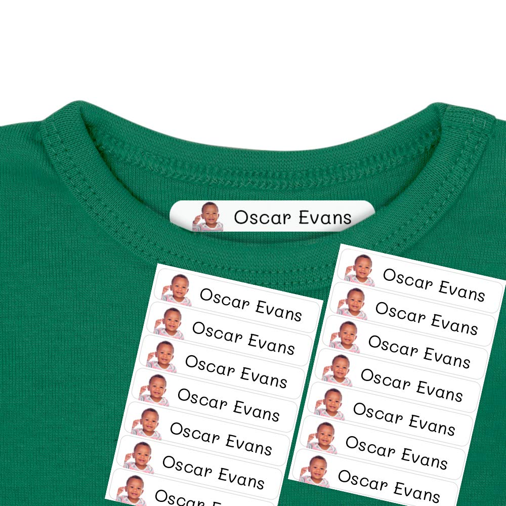 50 Etiquetas termoadhesivas para ropa personalizadas con foto o imagen, para marcar cualquier prenda con ayuda de la plancha. 6 x 1 cms. Color Blanco