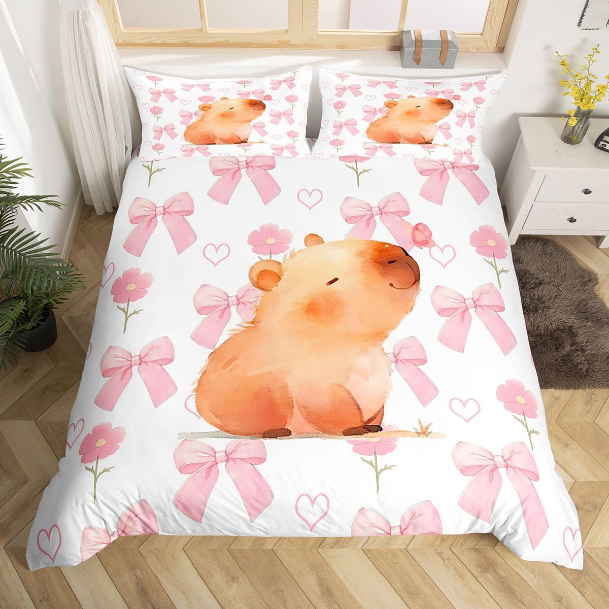 Homewish Pink Bow Capybara Bedding Super King Cute Bowknot Duvet Cover Set - Kawaii Watercolor Capybara Quilt Cover for Kids Girls Teens Room Decor - Sweet Animal Themed Bed Set with 2 Pillowcases