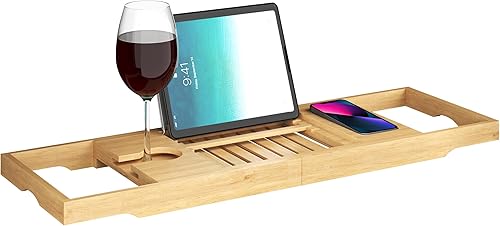 Miniatura 8 de Bamboo Bathtub Tray - Wood Bath Caddy with Book, Phone, or Tablet Rest, Cup Holder, and Extended Sides for Bath Accessories by Home-Complete