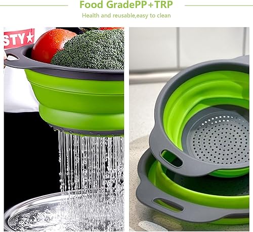 Miniatura 6 de Juego de 3 coladores plegables  Resistente al calor lavado y drenaje de verduras frutas pasta  Perfecto para cocina y viajes (3 unidades, verde)