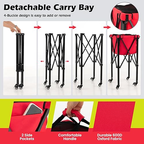 Miniatura 4 de GYMAX Tolva de pelota de tenis, carrito plegable para 150 pelotas de tenis con bolsa de transporte, marco de fácil montaje, bolsa extraíble y 4