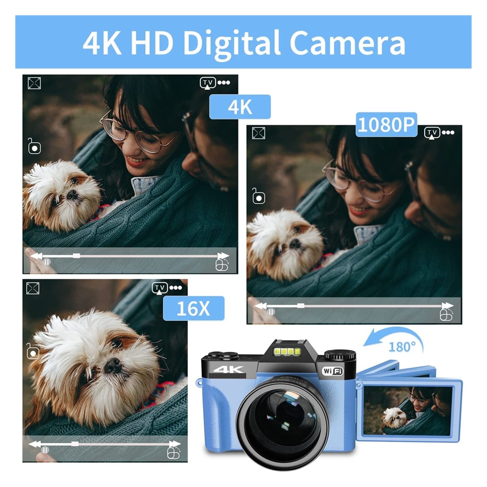 Obiektyw makro 48MP aparat AF do fotografii 16X szerokokątna kamera 4K Streaming kamera internetowa odwróć ekran wideorejestrator Do strumieniowania(16G TF Card,With 2 Lens-02)