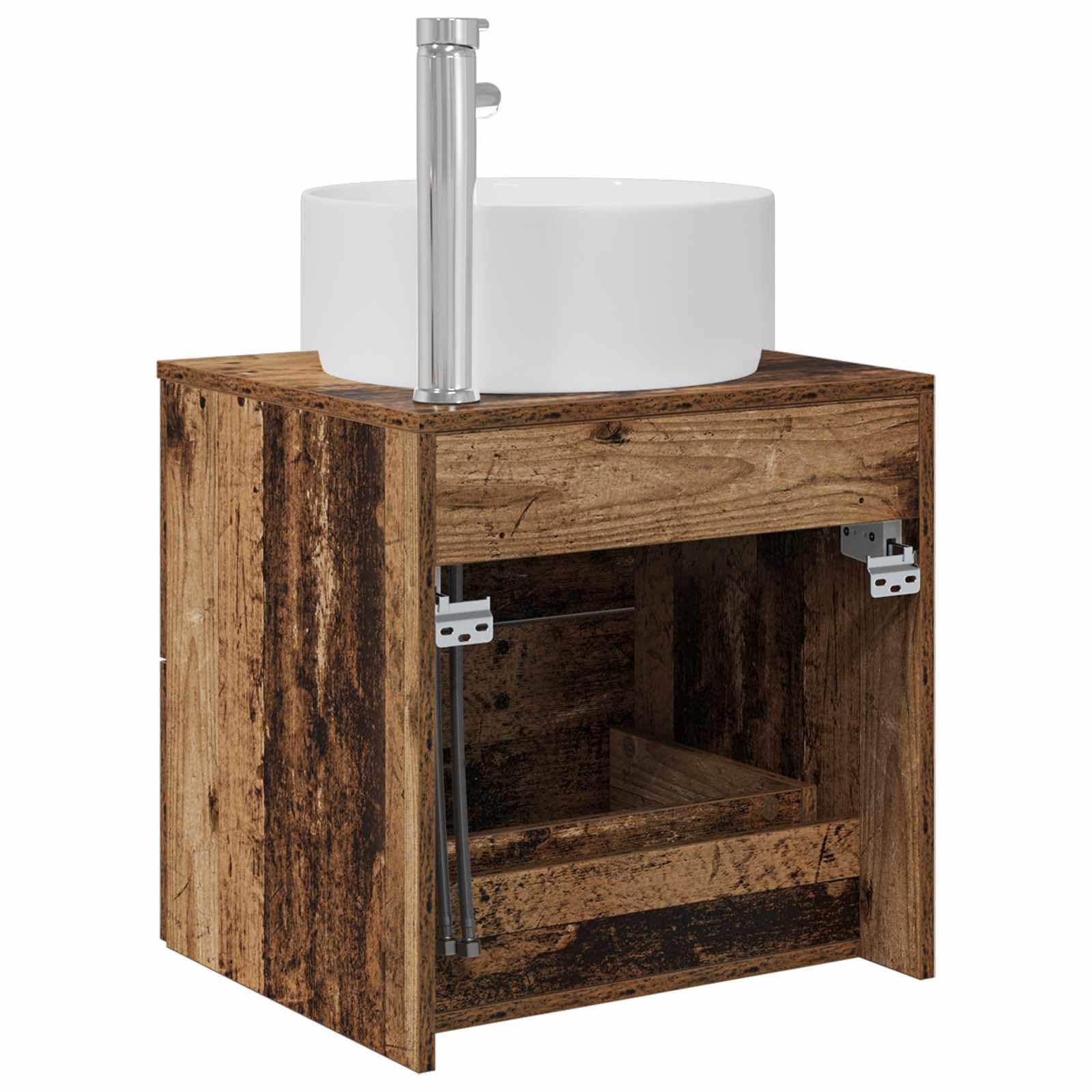 Lavabo montado en la pared con armario bajo madera envejecida, 49,5 x 44,5 x 65,5 cm, armario de baño colgante con 2 cajones para baño pequeño y aseo de invitados