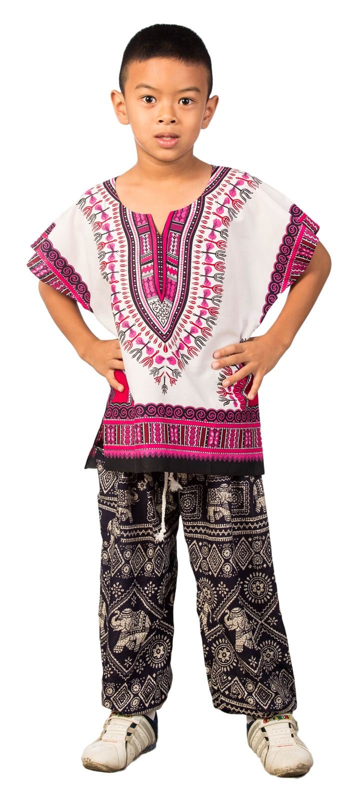 LOFBAZ African Dashiki Shirt for Kids Girls Boys Unisex Clothes Print T-Shirts Little Baby Toddler Dress Up Clothing White & Deep Pink 3-6M