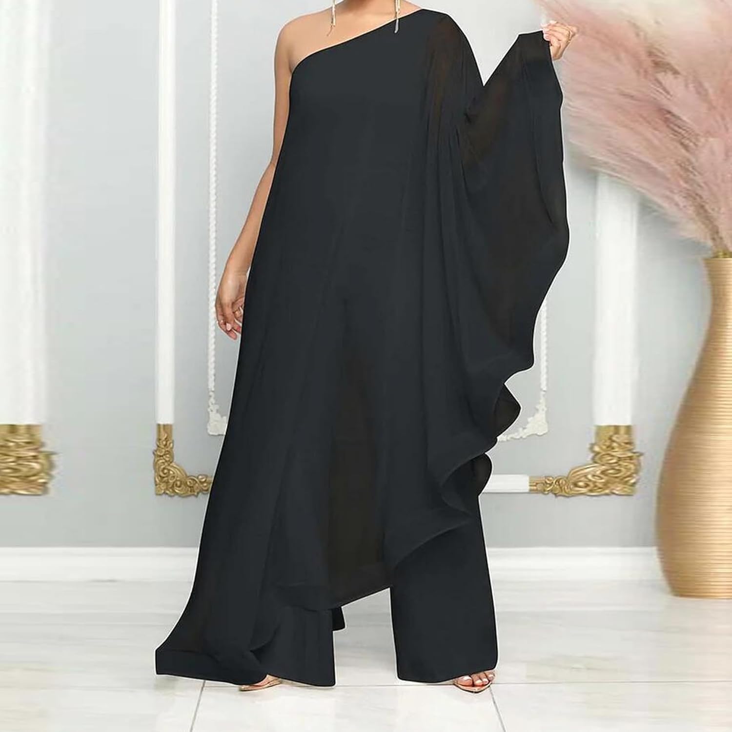 Sexy Jumpsuits for Women One Shoulder Ruffle Patchwork Elastic Wide Leg Long Pants Elegant Jumpsuit Rompers - Image 3