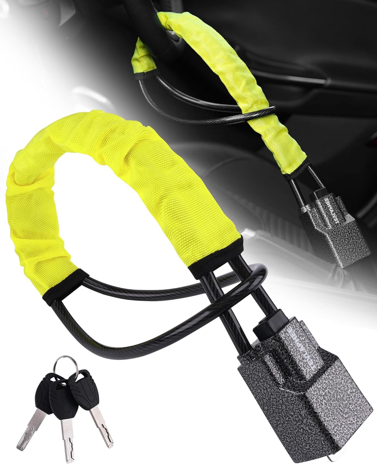 Tevlaphee Steering Wheel Lock Seat Belt Lock Universal Anti Theft Car Device Car Lock Car Theft Prevention with 3 Keys for Car Security Fit Most Vehicles Truck SUV Van (Yellow)