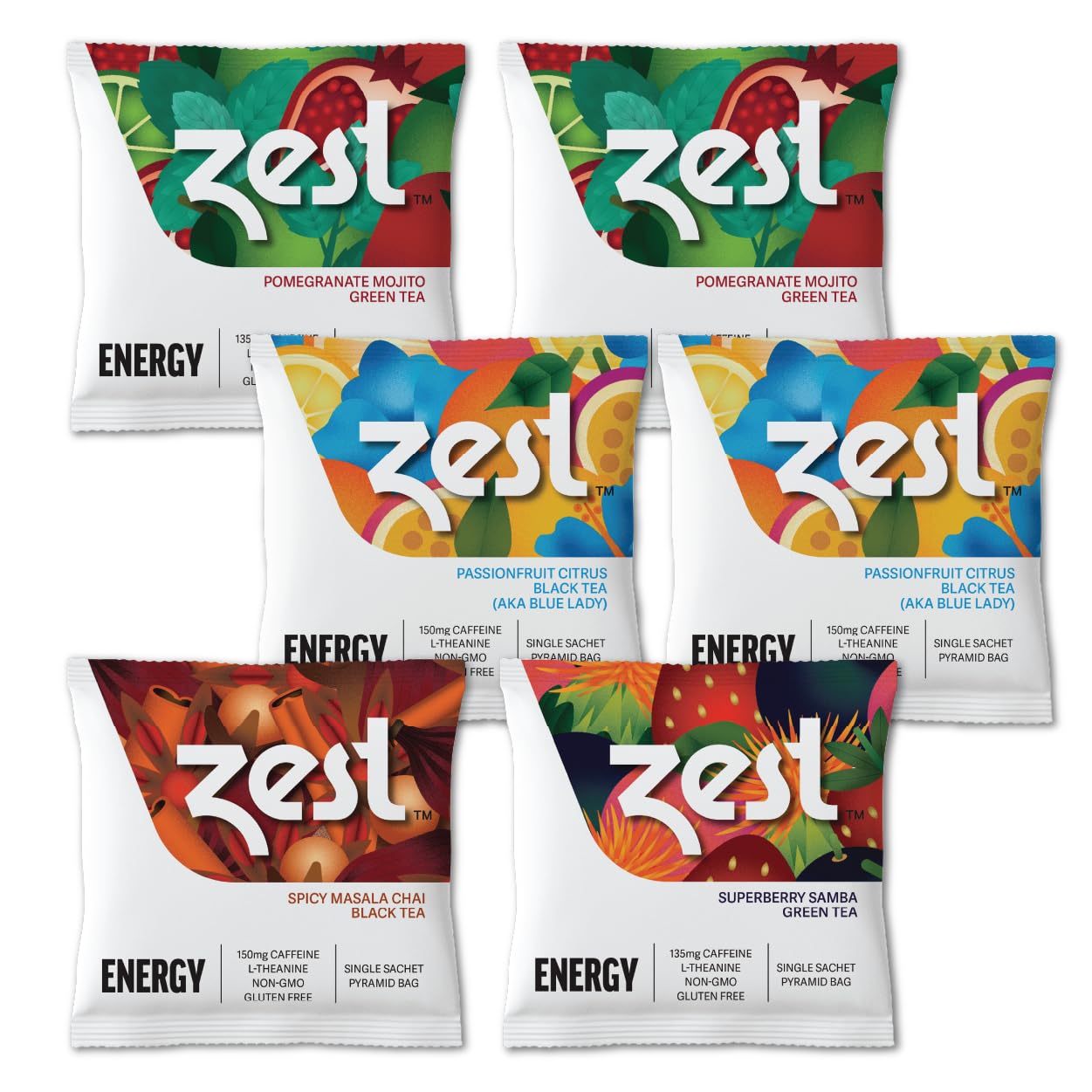 Zest 135-150mg High Caffeine Energy Leaf Blends - Variety Mini Sampler Pack - Black Tea & Green Tea - 6 Tea Bags - Natural Strong Flavored Healthy Coffee Alternative Highly Caffeinated Keto Substitute