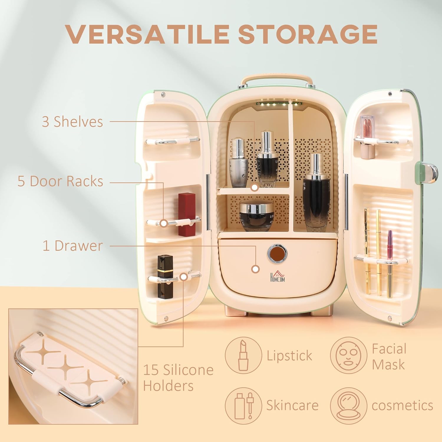 Open HOMCOM Skincare Fridge showing versatile interior storage
