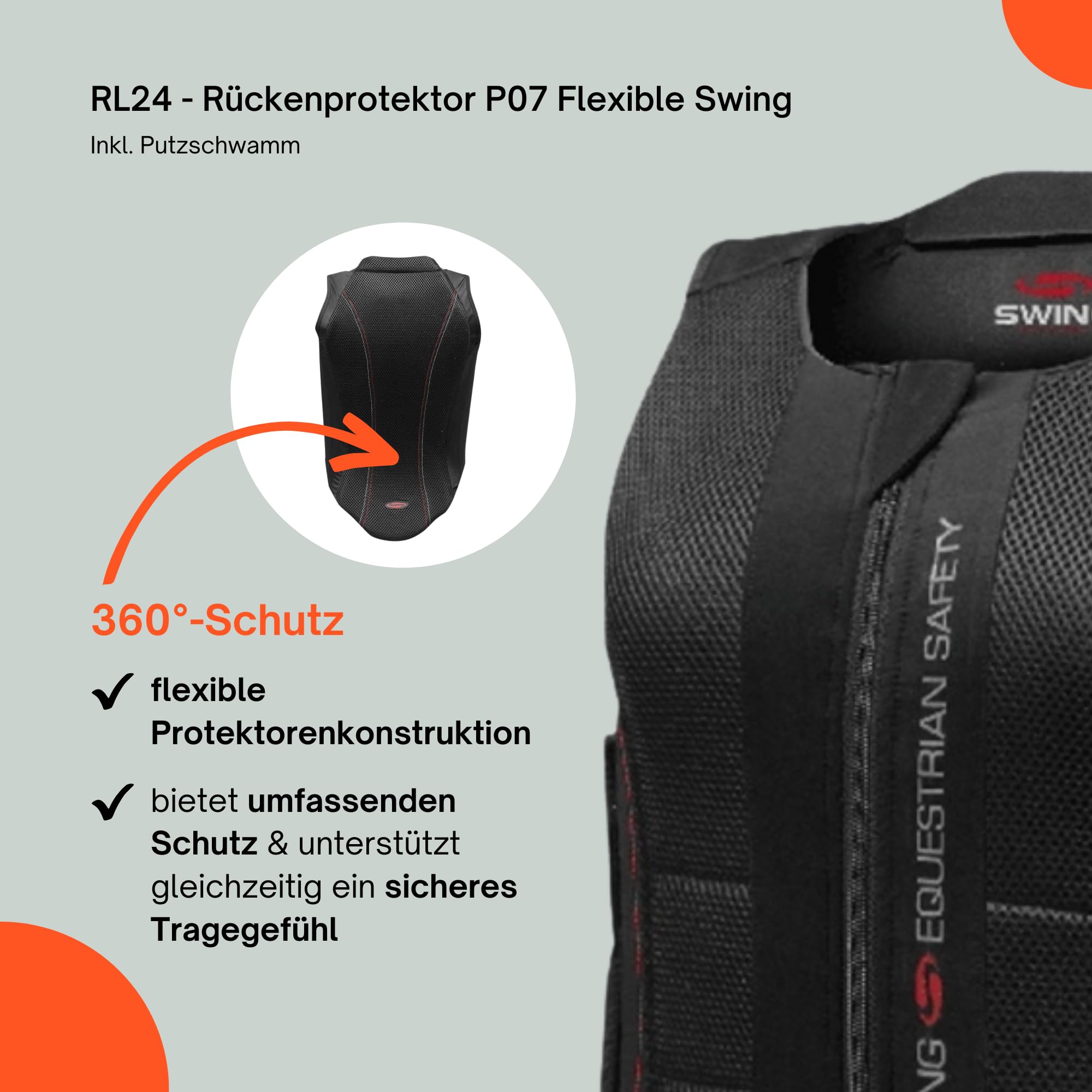 SWING RL24 - Rückenprotektor P07 Flexible Schwarz | Inkl. Putzschwamm – Protektorenweste aus Hightech-Materialien – 360°-Schutz für Wirbelsäule & Steißbein – Reitweste